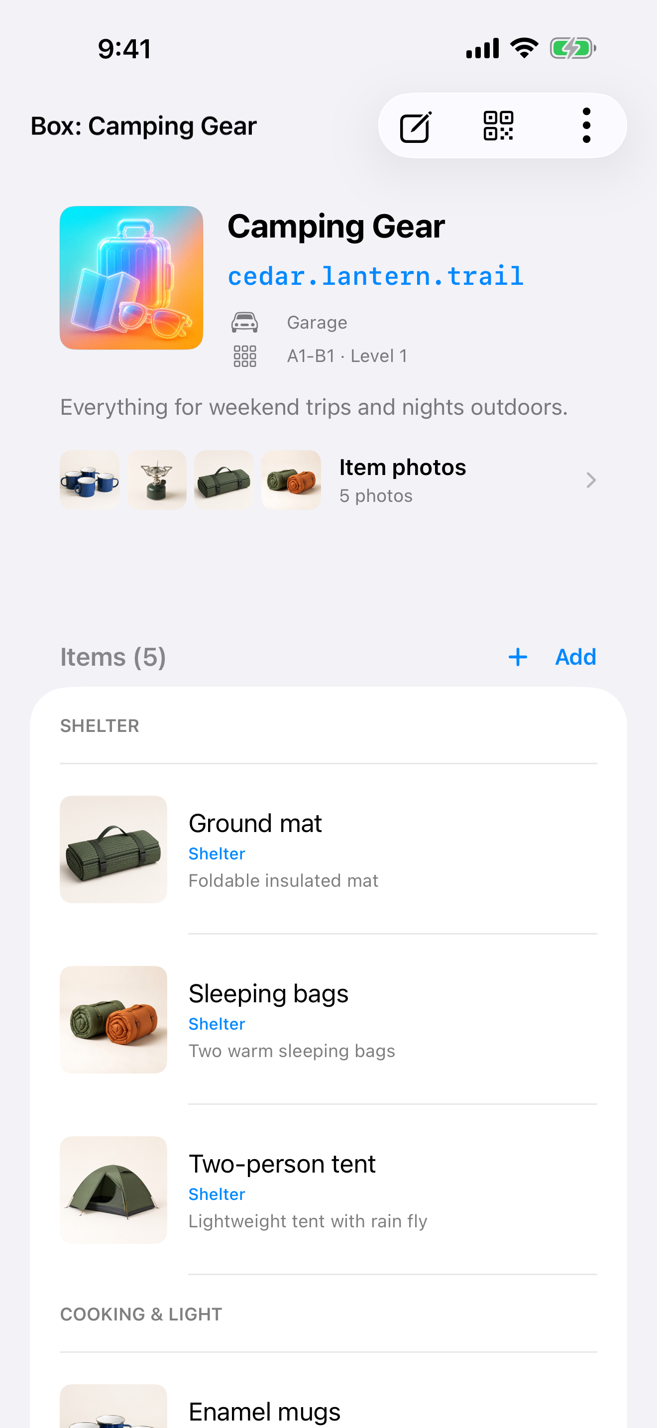 Camping Gear box with grouped inventory items
