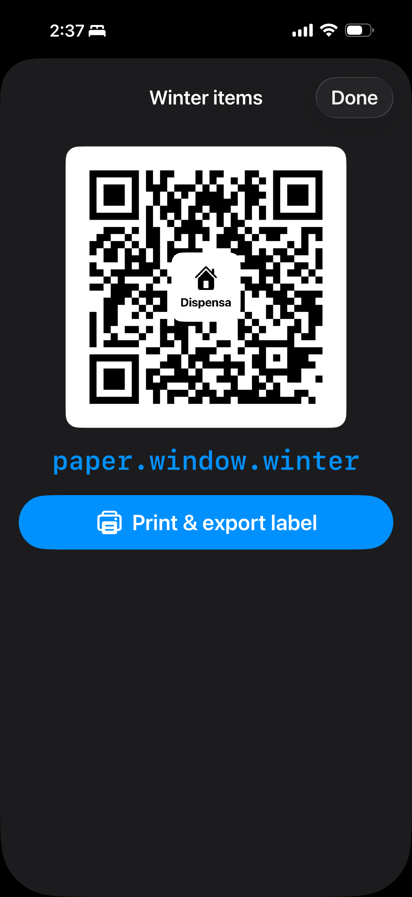 Dispensa QR label screen with print and export action