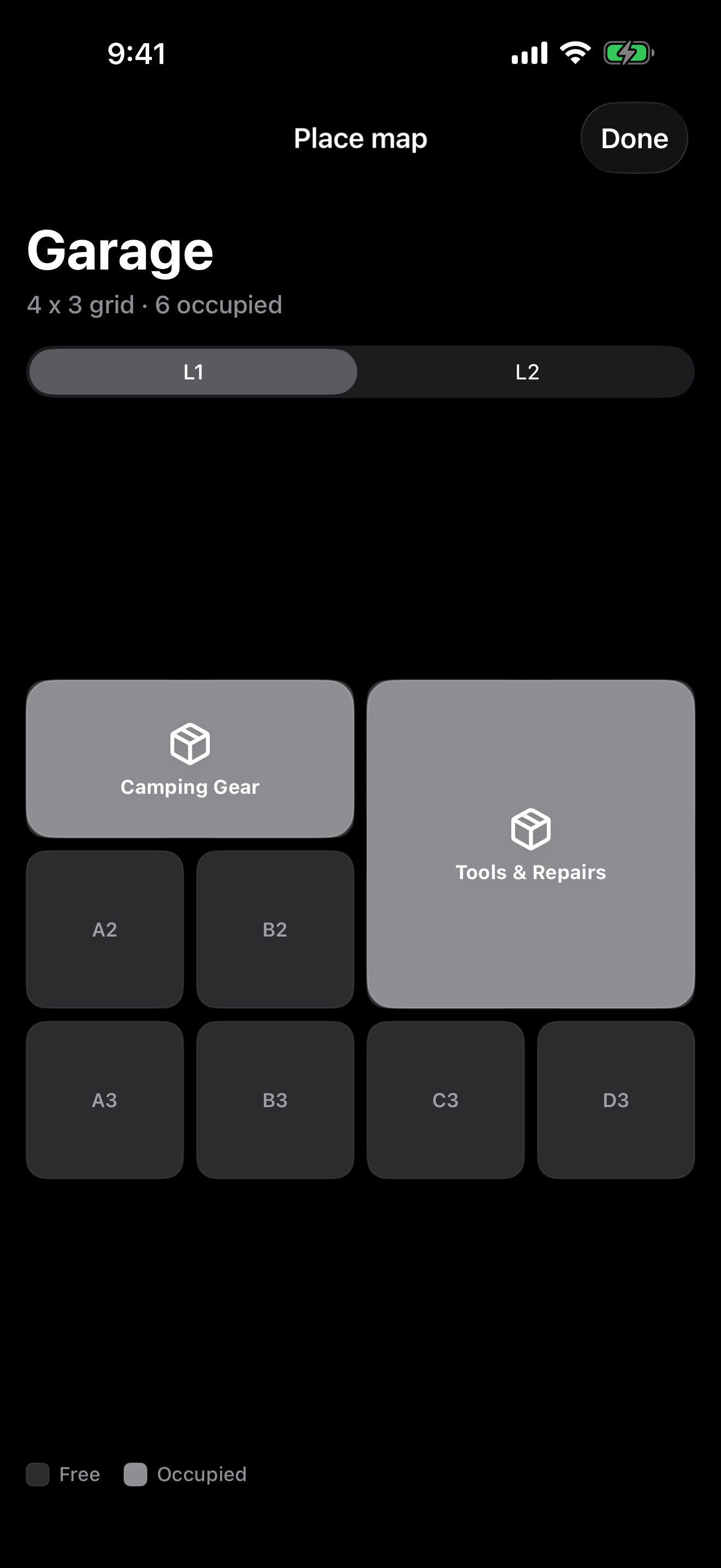 Dispensa storage grid in Dark Mode