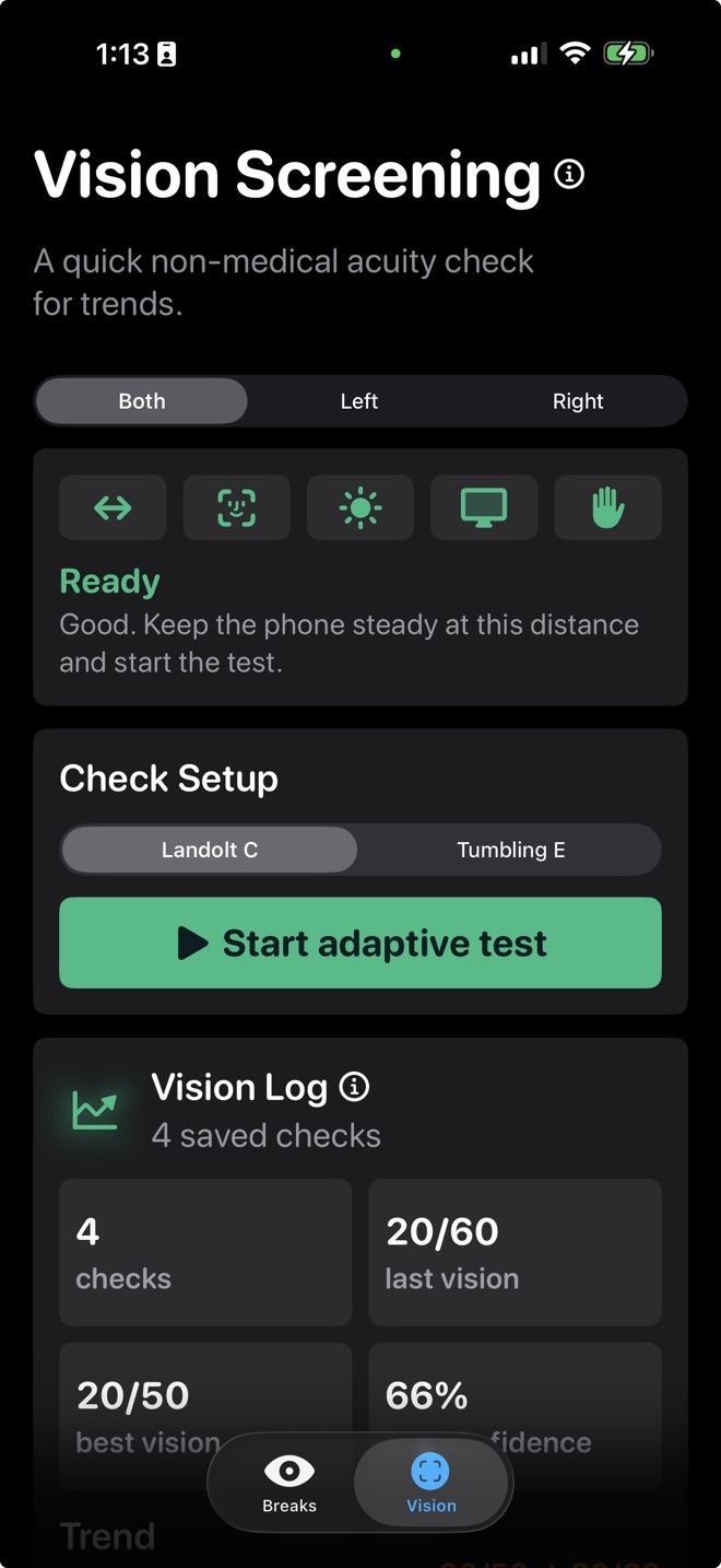 Vision Screening setup and saved vision checks