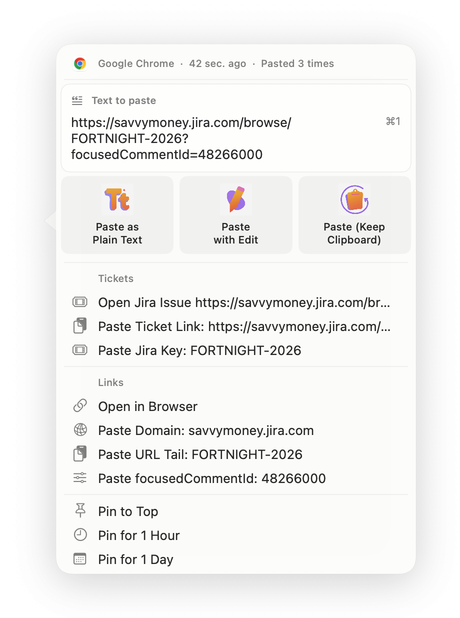 Copied Data Becomes Ready-Made Actions shown in Ravioli