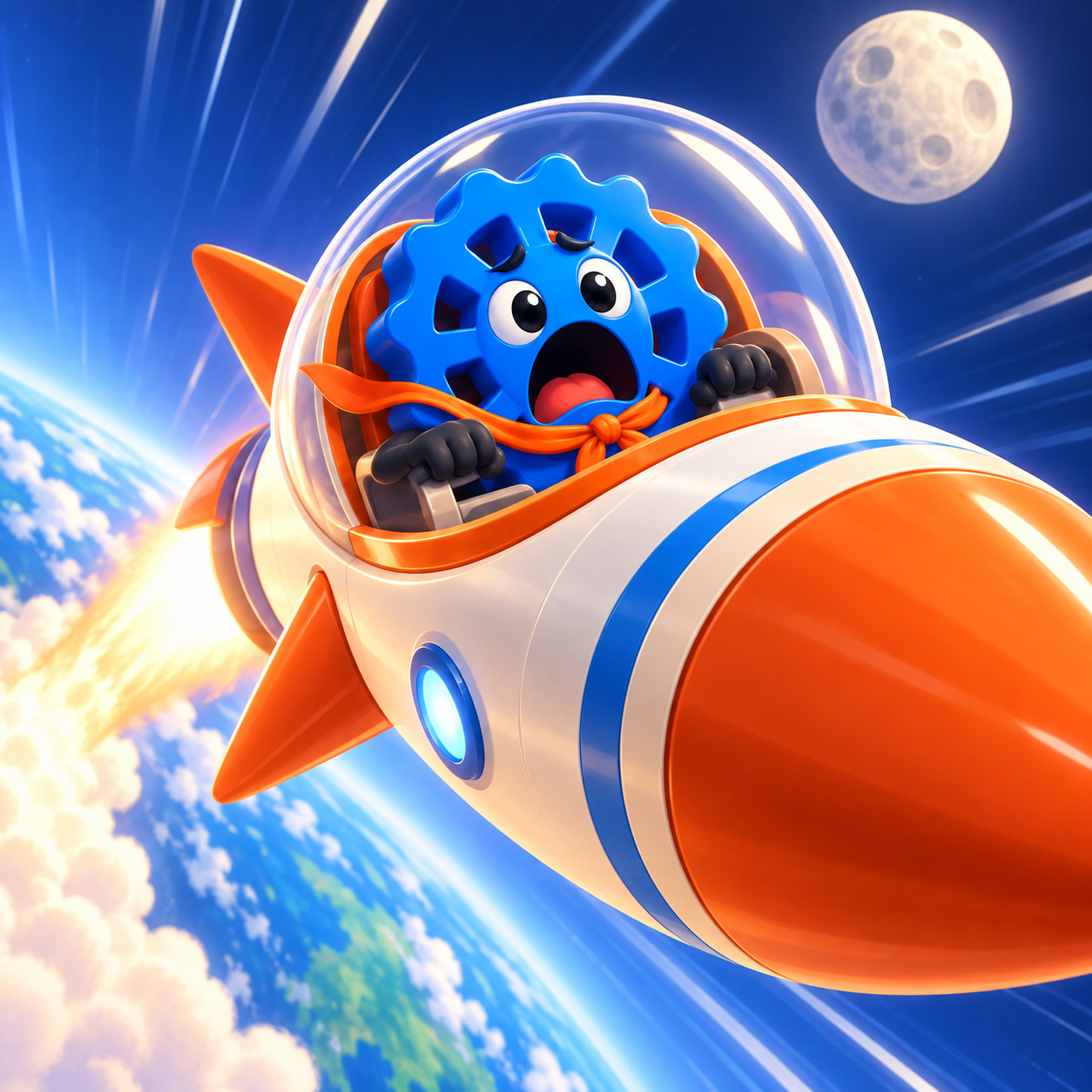 Wide-eyed Rotti grips his seat and screams as an orange rocket accelerates away from Earth toward the Moon