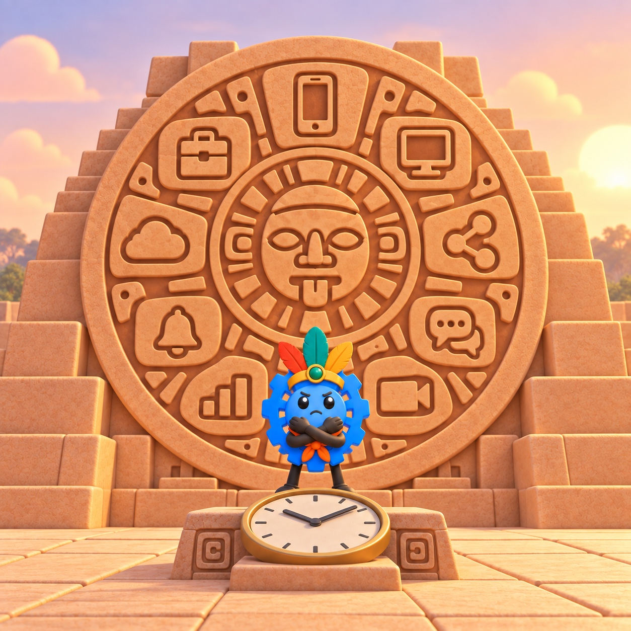Small Rotti priest with crossed arms before a giant Maya-style calendar carved with corporate icons, offering a clock on an altar