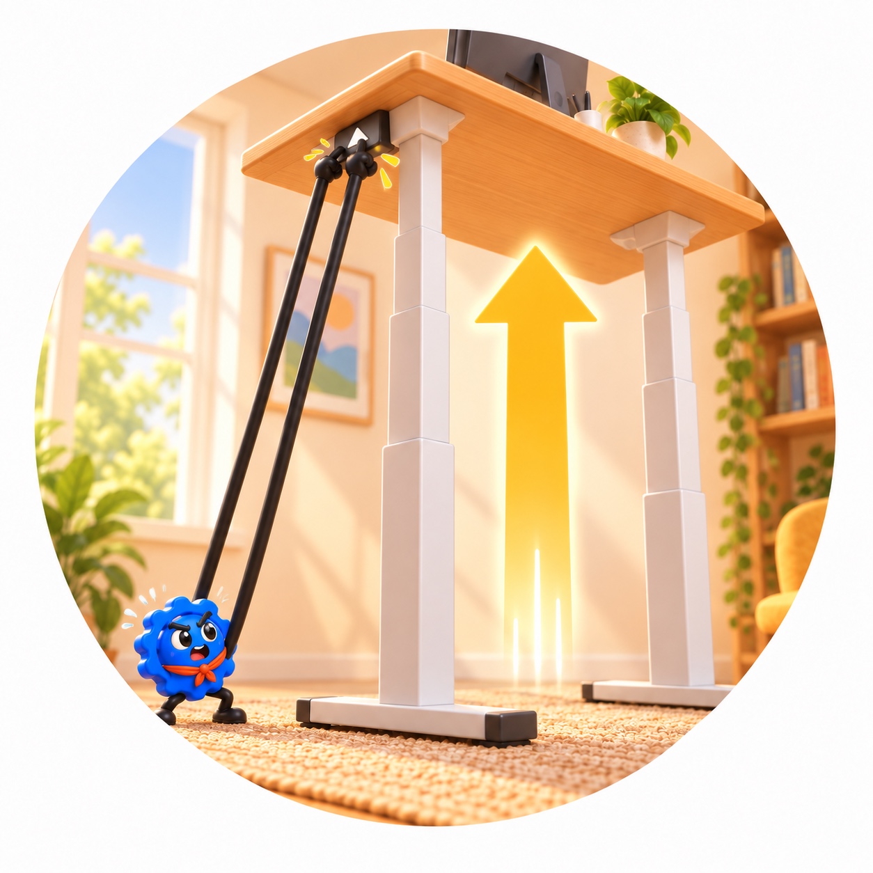 Tiny Rotti stretches long arms up to a towering adjustable desk, beside an upward arrow