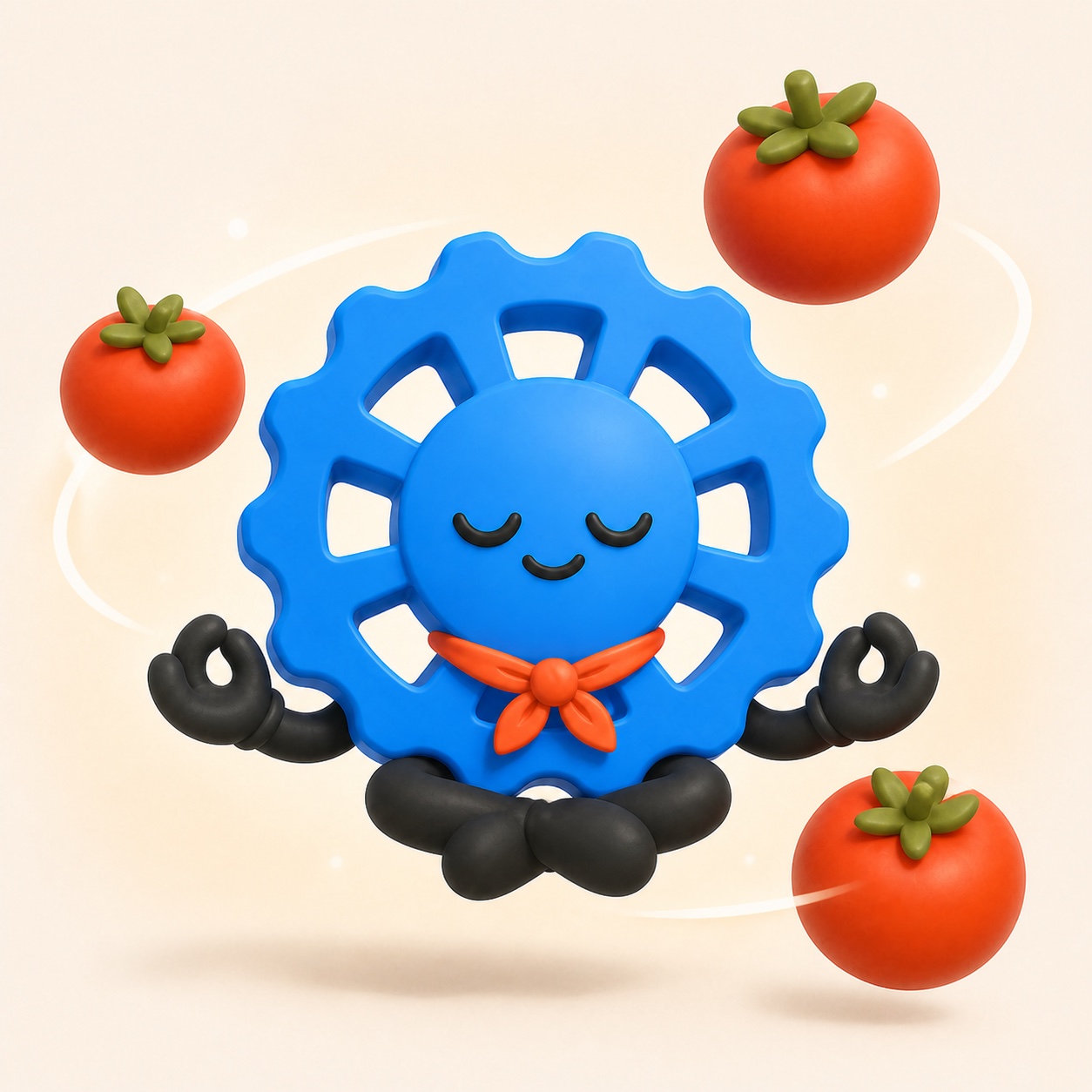 Rotti meditating while Pomodoro tomatoes orbit around him