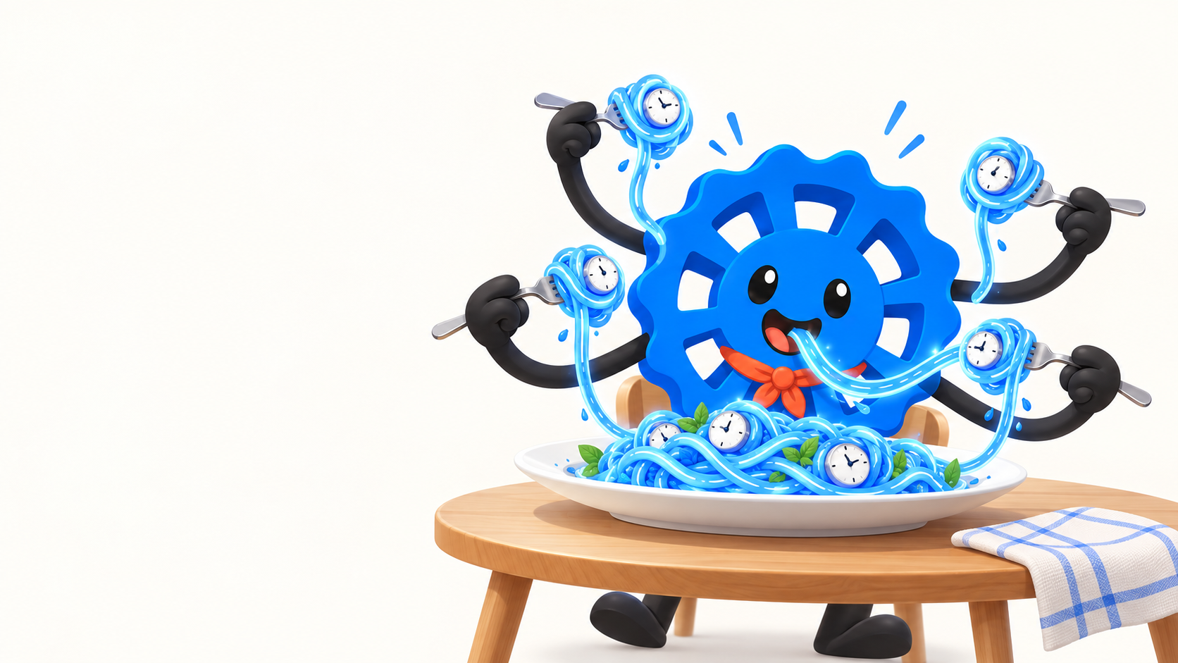 Rotti the Rotelle mascot eating time-ribbon spaghetti with four forks and tiny clock meatballs
