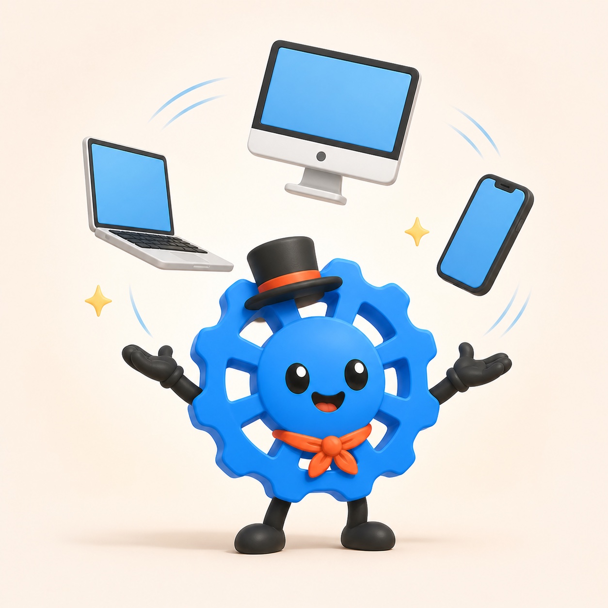 Rotti juggling a Mac, a laptop, and a phone like a stage magician