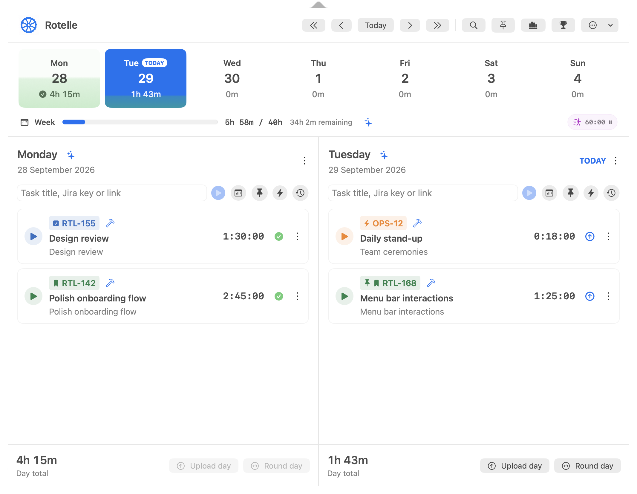 Current Rotelle tracker showing two workdays, Jira tasks, day totals, and the weekly target