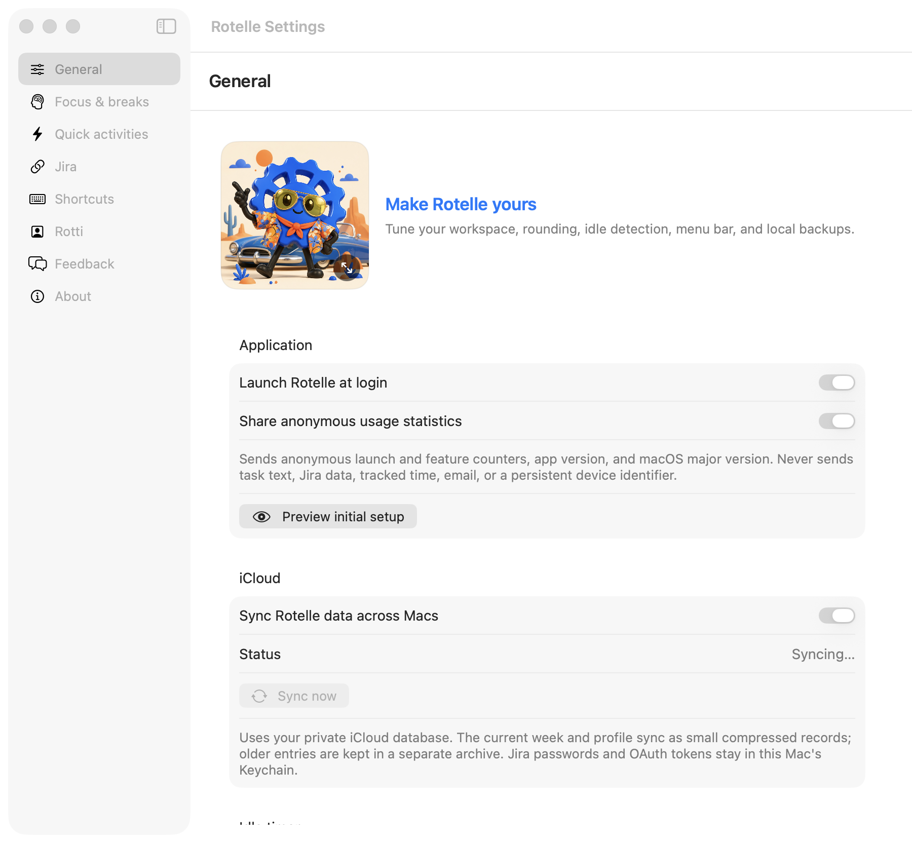 Rotelle settings for goals, focus breaks, idle detection, rounding, quick activities, and Jira