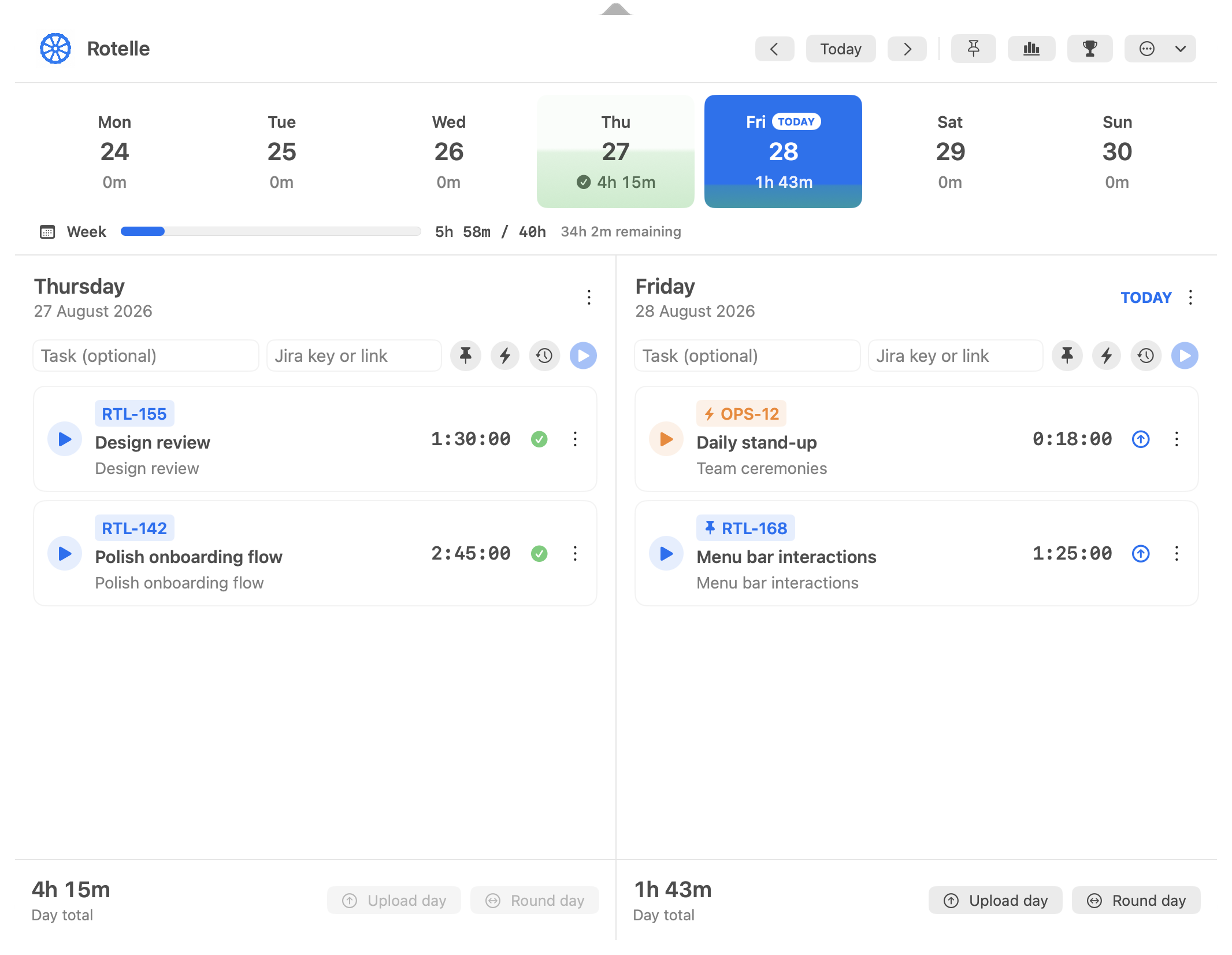 Rotelle weekly time tracker with Jira tasks